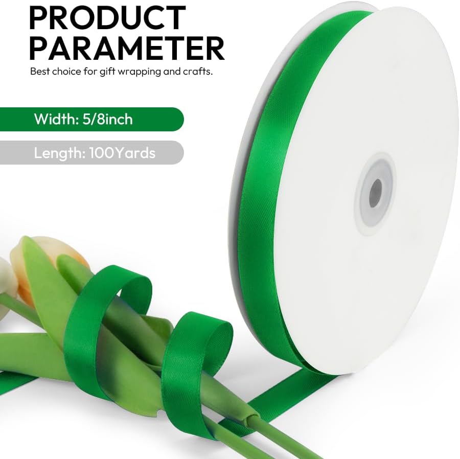 5/8 Inch 100 Yards Satin Ribbon Green, Solid Color Fabric Ribbon for Gift Wrapping, Wedding, Polyester Gift Ribbon for Birthday Party Decoration, Craft, Hair, Floral, Sewing