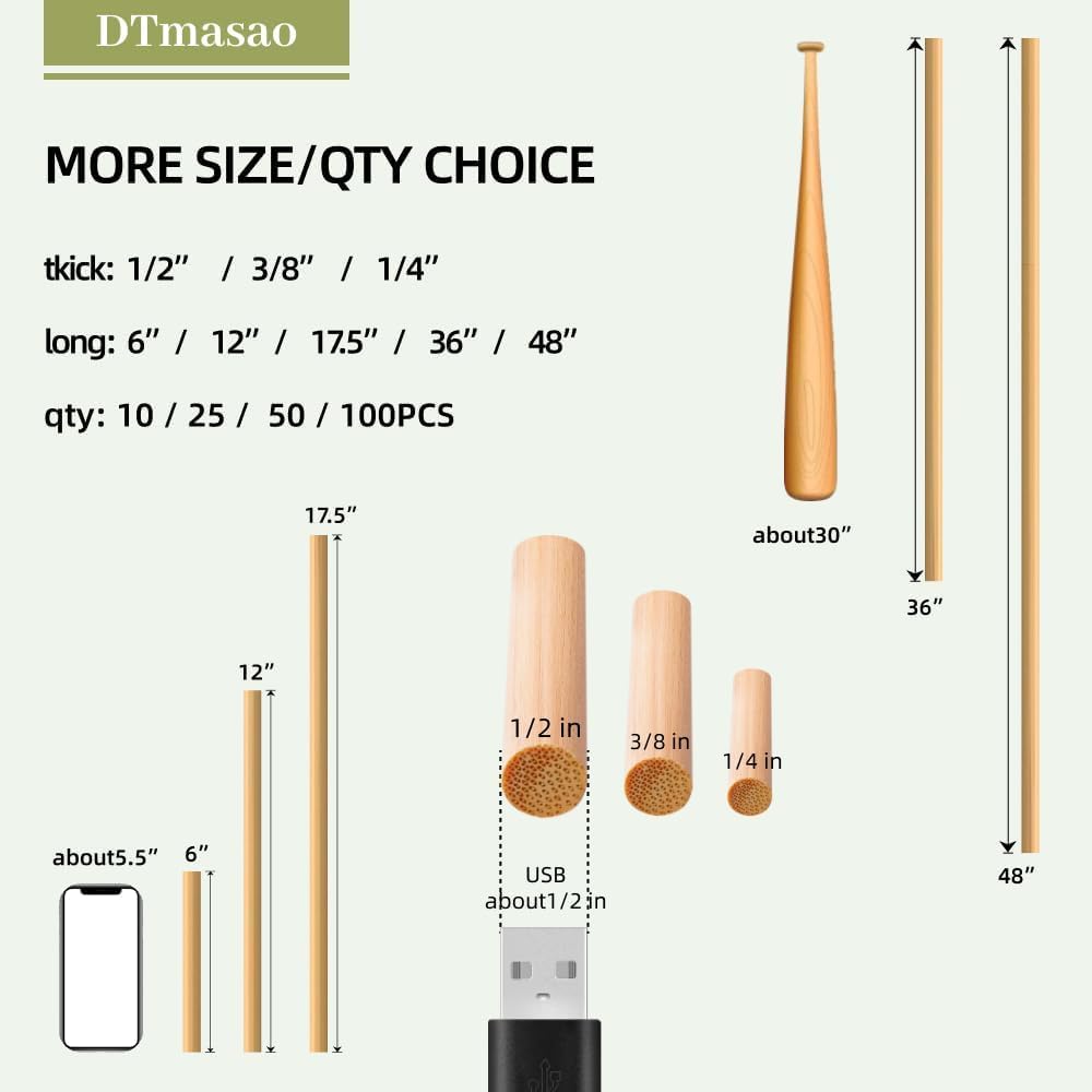 1/4 x 24 Inch 25 PCS Dowel Rods Wood Sticks Wooden Dowel Rods Unfinished Bamboo Sticks - for Crafts,Home Decor, Model Making and DIYers