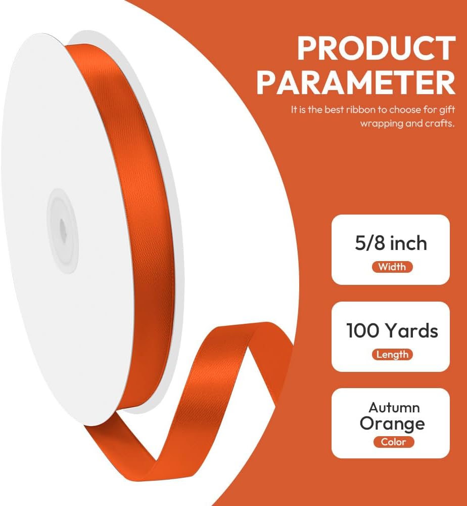 5/8" x 100 Yards Satin Ribbon - Autumn Orange Silk Ribbon with Spool - Ideal for Gift Wrapping, Floral Bouquets, Crafts, Wedding Party Decorations, Christmas and Sewing Projects