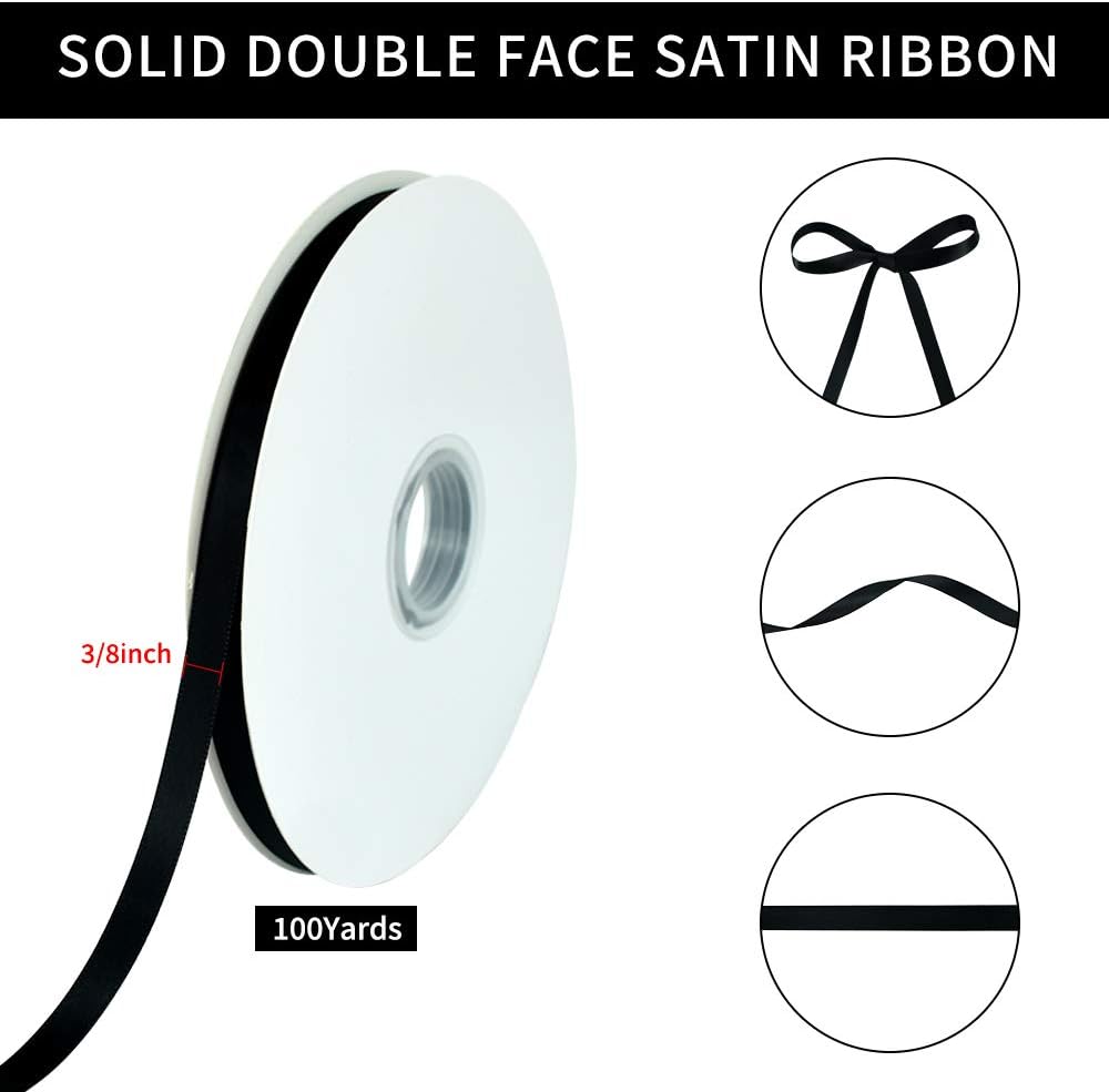 TONIFUL 3/8 Inch x 100yds Black Satin Ribbon Thin Solid Fabric Ribbons Roll for Gift Wrapping Invitation Floral Hair Balloons Craft Sewing Party Wedding Halloween Decoration Valentine's Day Bouquet