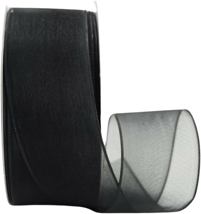 Ribbon Bazaar Sheer Organza Wired Ribbon - 100% Polyester Wire Edged Ribbon for Floral Decor, Table Arrangements, Apparel Embellishment & More - 1-1/2" Black 25yd