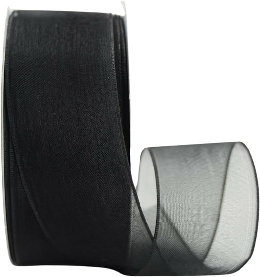 Ribbon Bazaar Sheer Organza Wired Ribbon - 100% Polyester Wire Edged Ribbon for Floral Decor, Table Arrangements, Apparel Embellishment & More - 2-1/2" Black 50yd