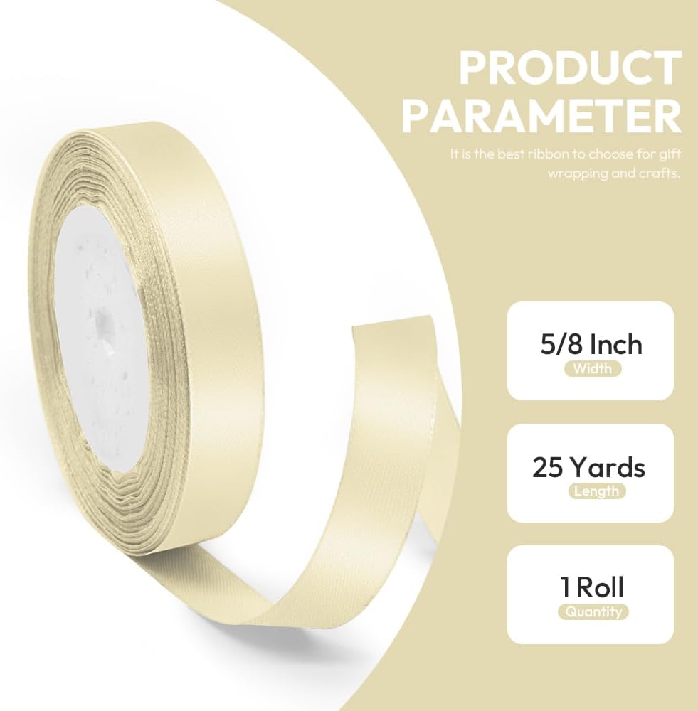 5/8" x 25 Yards Satin Ribbon, Ivory Silk Ribbon Ideal for Gift Wrapping, Floral Bouquets, Crafts, Wedding Party Decorations, Christmas and Sewing Projects