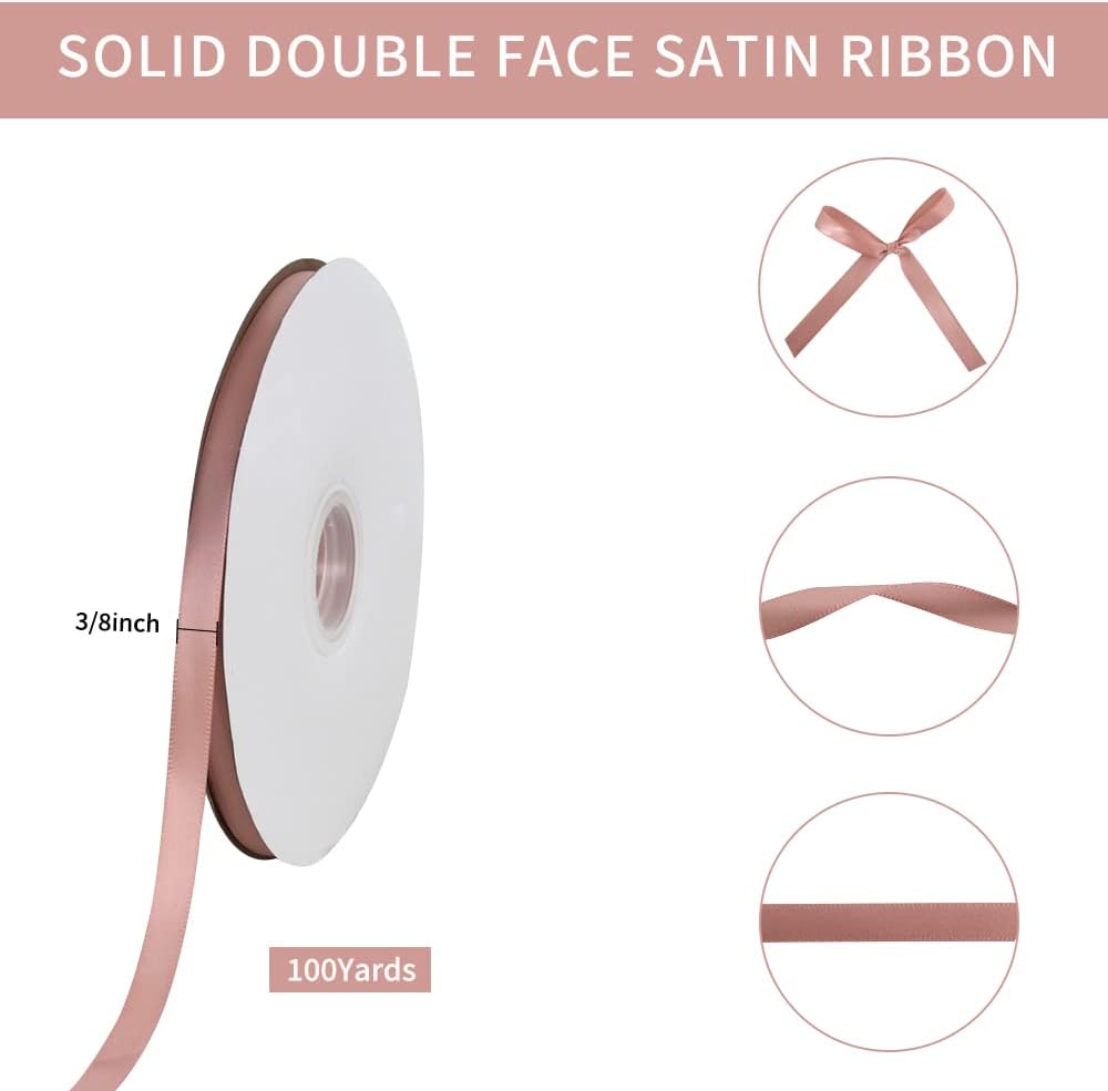 TONIFUL 3/8 in x 100yds Rose Gold Satin Ribbon Thin Solid Fabric Ribbons Roll for Gift Wrapping Invitation Floral Hair Balloons Craft Sewing Party Wedding Popsicles Decoration Valentine's Day Bouquet