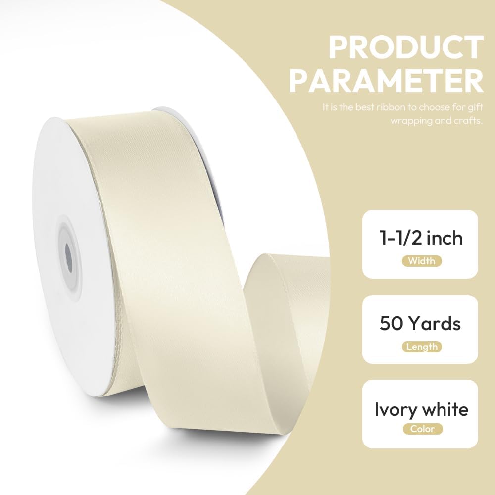 1-1/2" x 50 Yards Satin Ribbon - Ivory Silk Ribbon with Spool - Ideal for Gift Wrapping, Floral Bouquets, Crafts, Wedding Party Decorations, Christmas and Sewing Projects