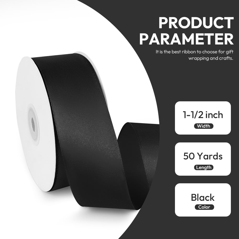 1-1/2" x 50 Yards Satin Ribbon - Black Silk Ribbon with Spool - Ideal for Gift Wrapping, Floral Bouquets, Crafts, Wedding Party Decorations, Christmas and Sewing Projects