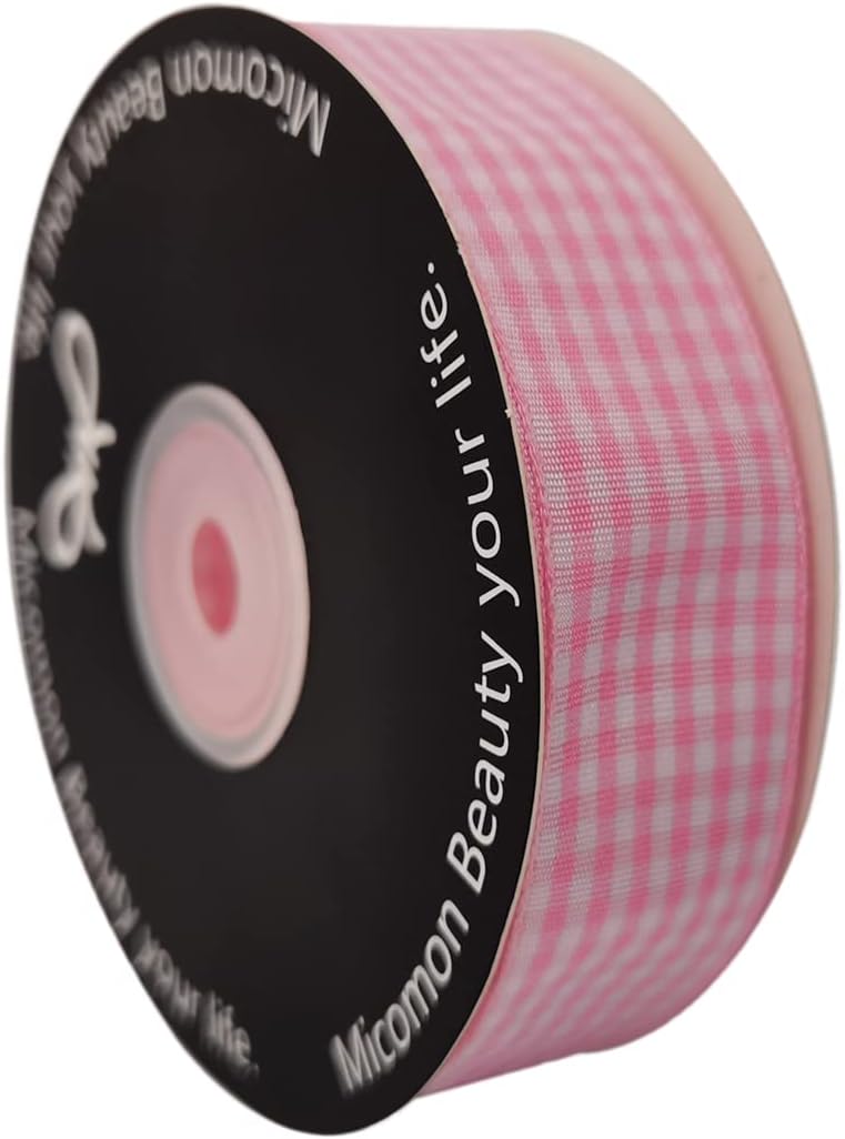 Pink and White Gingham Ribbon - 25 Yards Each Roll - 100% Polyester (1", Pink)
