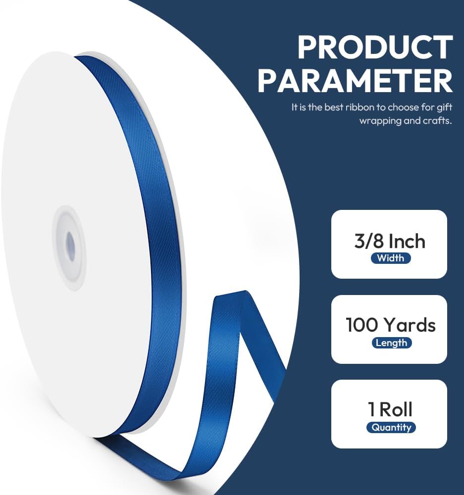 3/8" x 100 Yards Satin Ribbon - Navy Blue Silk Ribbon with Spool - Ideal for Gift Wrapping, Floral Bouquets, Crafts, Wedding Party Decorations, Christmas and Sewing Projects