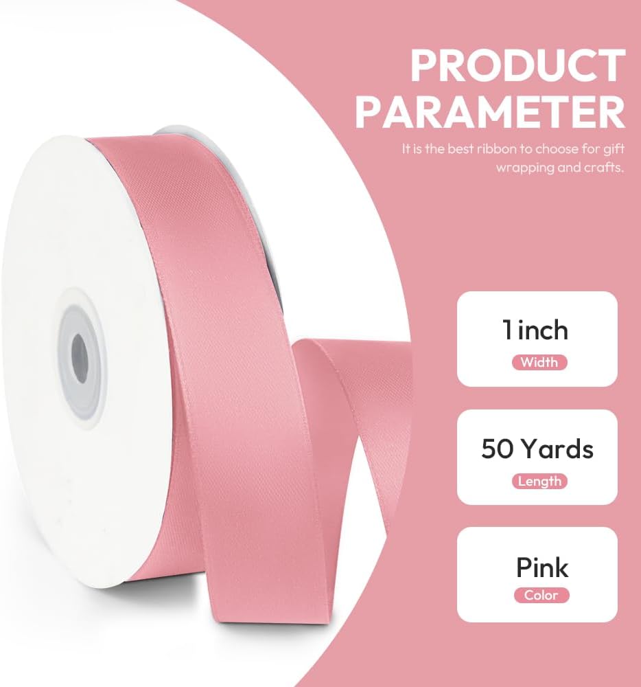 1" x 50 Yards Satin Ribbon - Pink Silk Ribbon with Spool - Ideal for Gift Wrapping, Floral Bouquets, Crafts, Wedding Party Decorations, Christmas and Sewing Projects