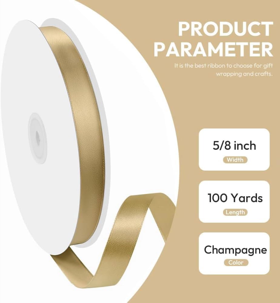 5/8" x 100 Yards Satin Ribbon - Champagne Gold Silk Ribbon with Spool - Ideal for Gift Wrapping, Floral Bouquets, Crafts, Wedding Party Decorations, Christmas and Sewing Projects