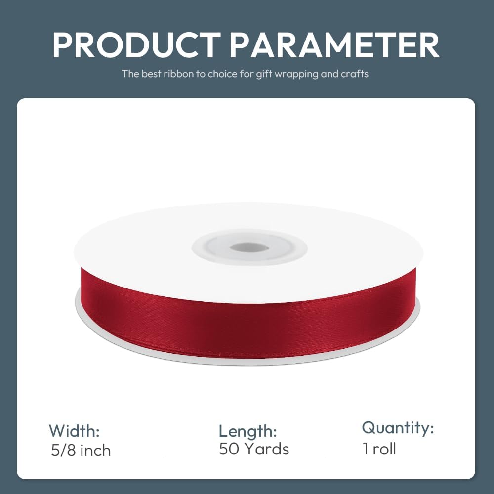 KMER LIFE 5/8" Wide x 50 Yards Wine Red Single Faced Polyester Satin Ribbon, Wine Red Satin Ribbon Perfect for Wedding Decor, Wreath, Crafts, Gift Wrapping & Other Projects (Wine Red)