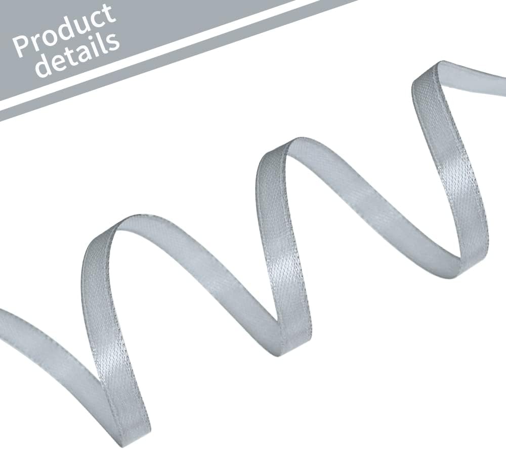 TONIFUL 1/4 Inch x 100yds Silver Satin Ribbon, Thin Solid Color Satin Ribbon for Gift Wrapping, Crafts, Hair Bows Making, Wedding Party Decoration, Invitation Cards, Floral Bouquets