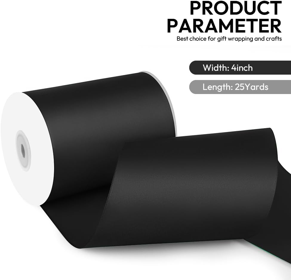 4 Inch 25 Yard Wide Satin Ribbon Black, Solid Fabric Large Ribbon Roll for Cutting Ceremony Wedding Opening Party Decoration, Chairs, Sewing, Festival Pageant Sashes