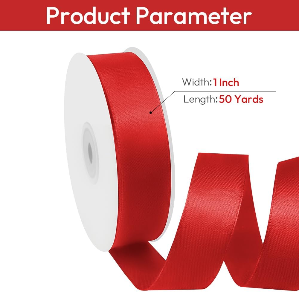 1" Width x 50 Yards Satin Fabric Ribbon, Red Ribbon Perfect for DIY Bows, Swags, Gift Wrapping, Craft, Flower Bouquet, Christmas and Party Decoration