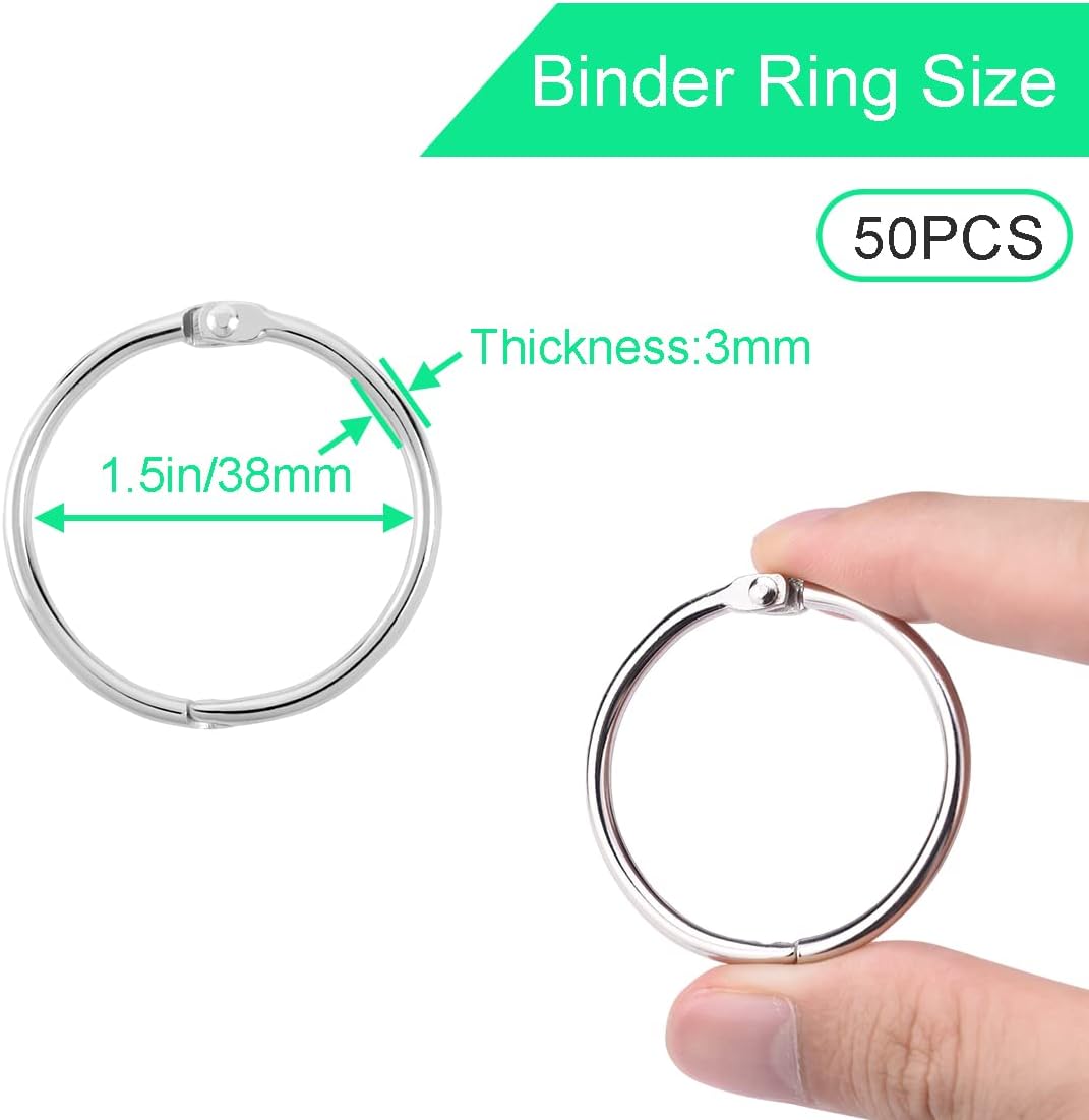 CooBigo 50 Pack Binder Ring, Metal Book Ring Paper Ring Holder 1-1/2-Inch Loose Leaf Binder Ring Clip for Index Card, Flash Card Ring, DMC Embroidery Floss Organizer, Keychain Key Ring - Silver
