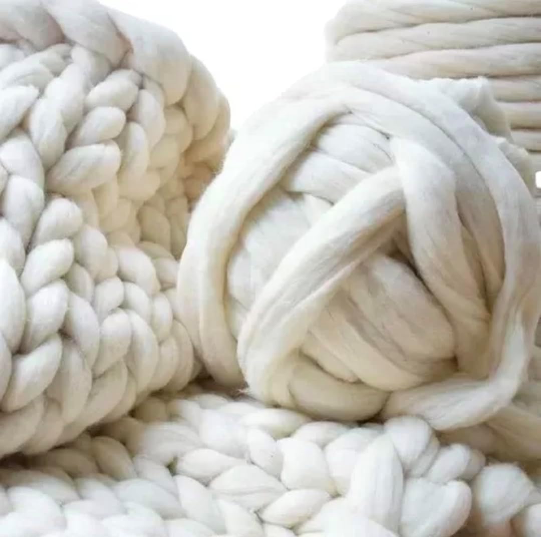 1 lb Wool roving Yarn unspun Fiber | Soft Chunky Jumbo Yarn for Arm Knitting Blanket |100% Natural Undyed (Ecru White) Bulk, Felting Core Combed Carded Stuffing.