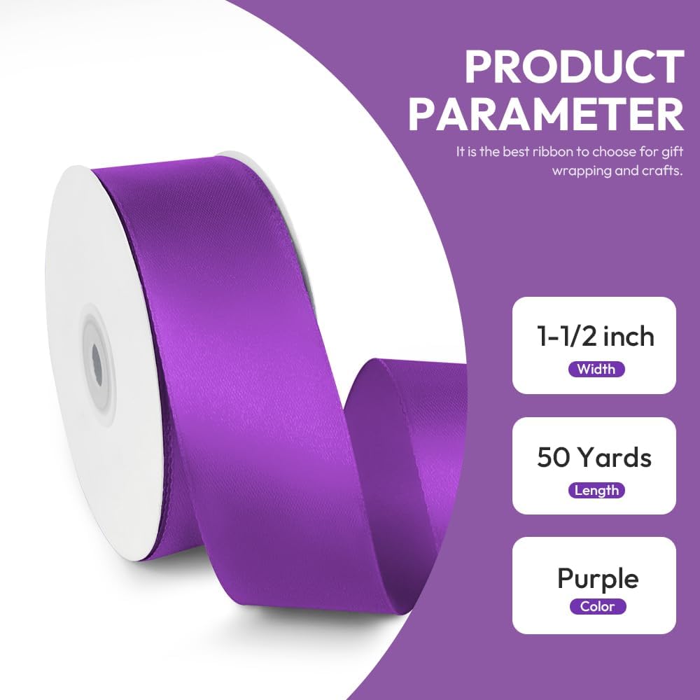 1-1/2" x 50 Yards Satin Ribbon - Purple Silk Ribbon with Spool - Ideal for Gift Wrapping, Floral Bouquets, Crafts, Wedding Party Decorations, Christmas and Sewing Projects