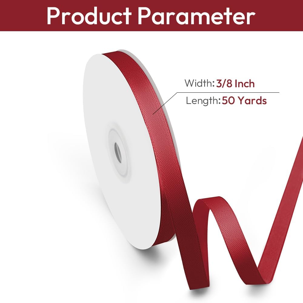 3/8" Width x 50 Yards Satin Fabric Ribbon, Burgundy Ribbon Perfect for DIY Bows, Gift Wrapping, Craft, Flower Bouquet, Christmas and Party Decoration