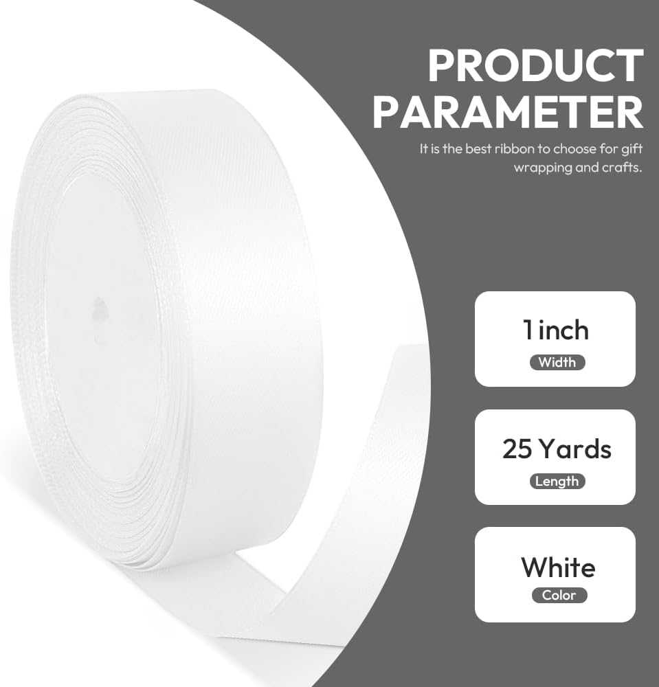 1" x 25 Yards Satin Ribbon, White Silk Ribbon Ideal for Gift Wrapping, Floral Bouquets, Crafts, Wedding Party Decorations, Christmas and Sewing Projects