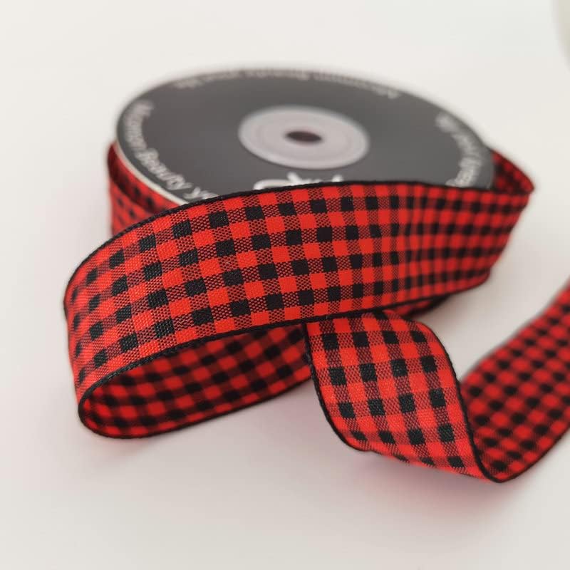Red and Black Gingham Plaid Checked Ribbon 25 Yards Each Roll 100% Polyester (1",BlackRed)