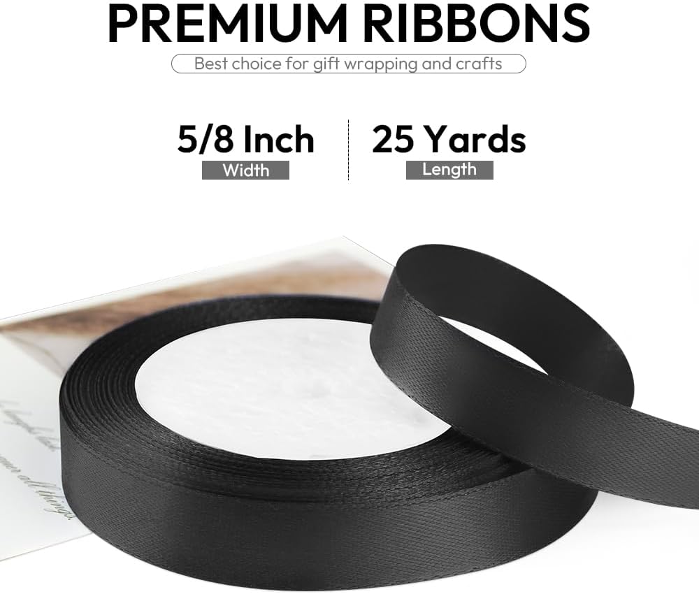 5/8 Inch 25 Yards Satin Ribbon Black, Solid Color Fabric Ribbon for Gift Wrapping, Wedding, Polyester Gift Ribbon for Birthday Party Decoration, Craft, Hair, Floral, Sewing