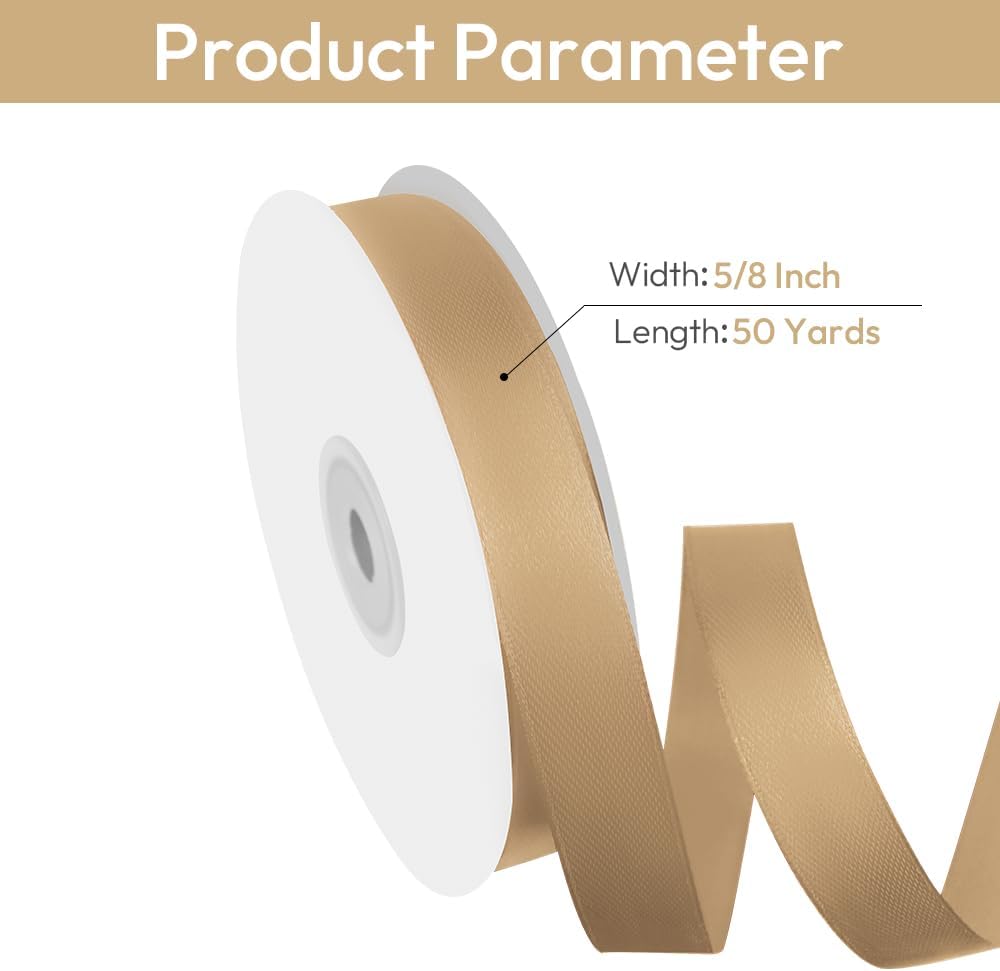 5/8" Width x 50 Yards Satin Fabric Ribbon, Champagne Gold Ribbon Perfect for DIY Bows, Swags, Gift Wrapping, Craft, Flower Bouquet，Christmas and Party Decoration
