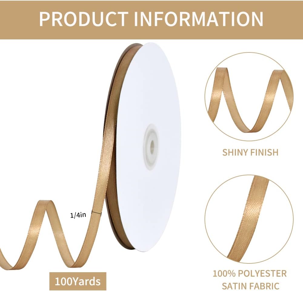 TONIFUL 1/4 Inch x 100yds Gold Satin Ribbon, Thin Solid Color Satin Ribbon for Gift Wrapping, Crafts, Hair Bows Making, Wedding Party Decoration, Invitation Cards, Floral Bouquets