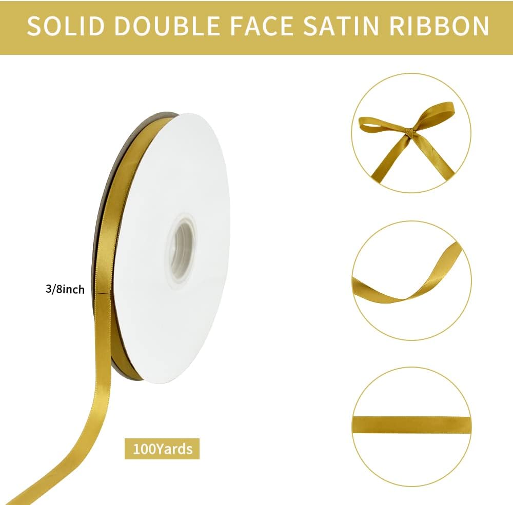 TONIFUL 3/8 Inch x 100yds Dark Gold Satin Ribbon Thin Solid Fabric Ribbons Roll for Gift Wrapping Invitation Floral Hair Balloon Craft Sewing Party Wedding Popsicles Decoration Valentine's Day Bouquet