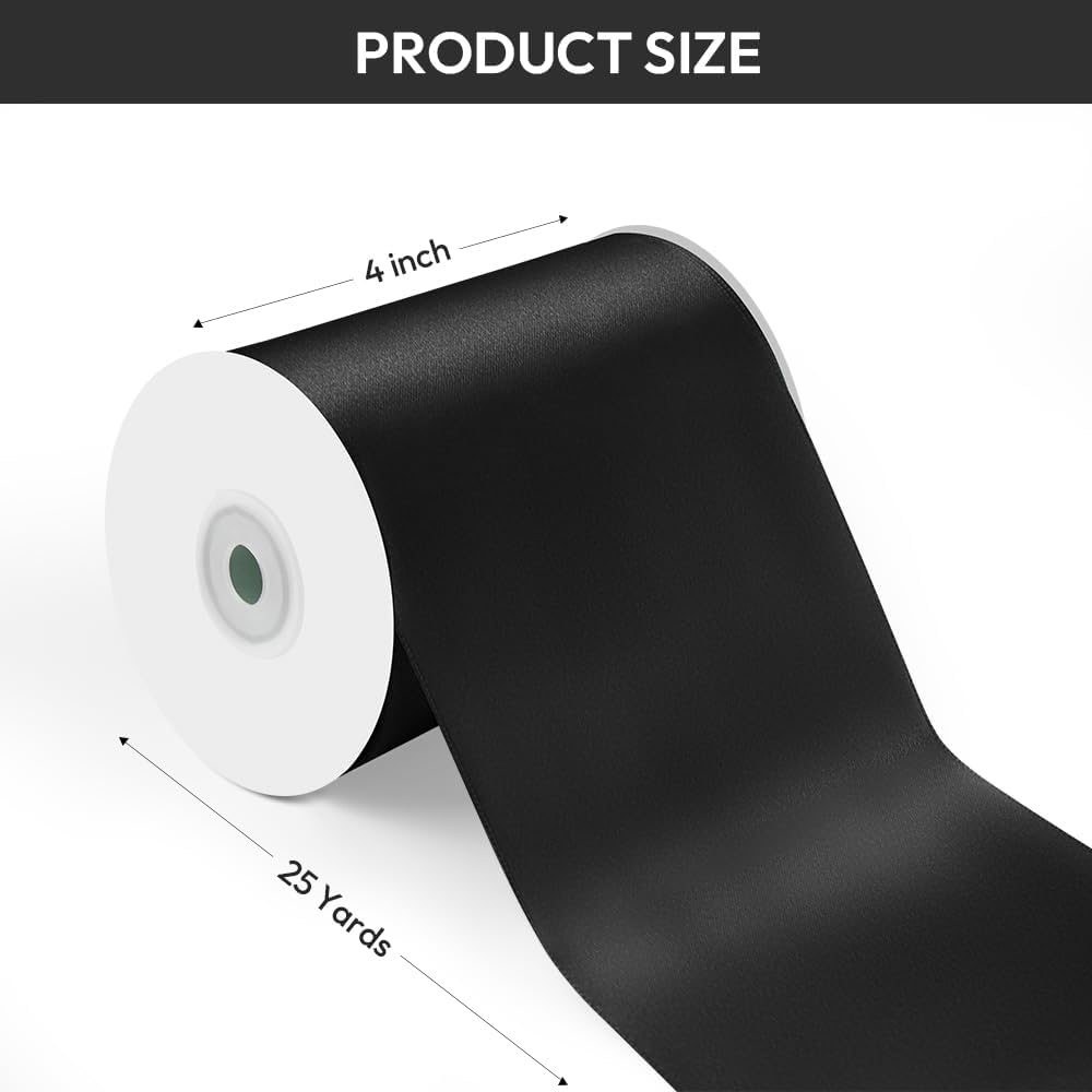 4" Width x 25 Yards Satin Fabric Ribbon, Black Ribbon Perfect for Wedding Car, Chair Sash, Grand Opening Ceremony, Big Bows, Embroidery, Floral Crafts, Halloween Party Decoration