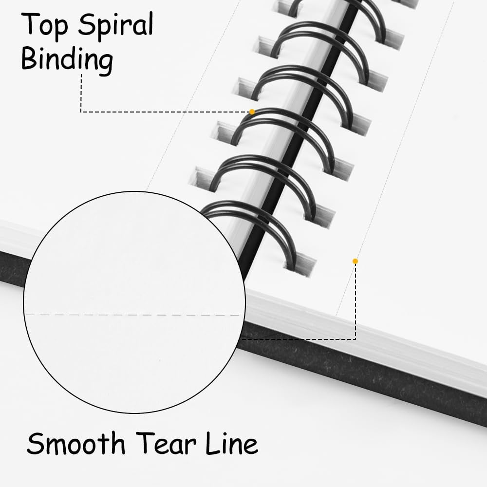 8.3x5.8 Sketch Book, Top Spiral Bound Sketch Pad, 60sheets 92lb/150gsm Bright White Paper, Acid-Free Mixed Media Paper for Painting, Dawing & Art Supplies. B-Black