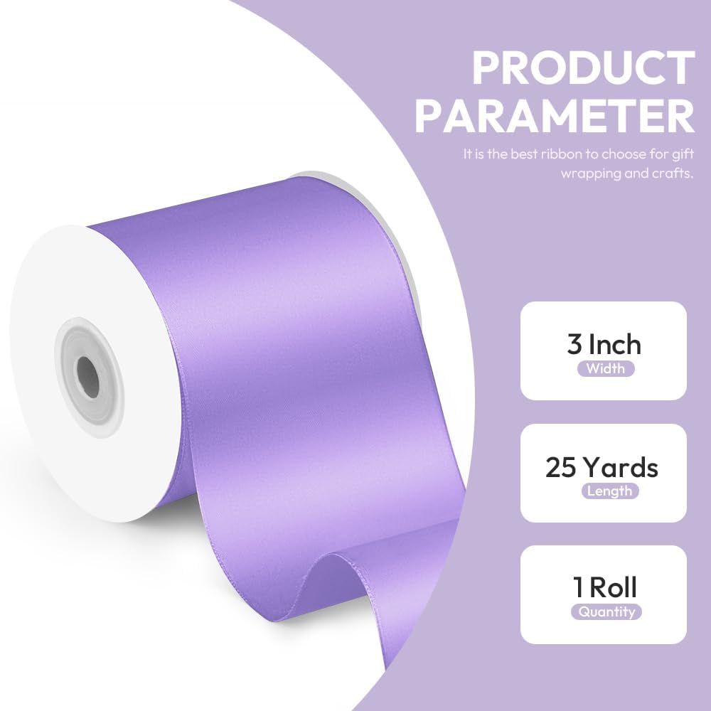 3" x 25 Yards Satin Ribbon, Light Purple Silk Ribbon Ideal for Gift Wrapping, Floral Bouquets, Crafts, Wedding Party Decorations, Christmas and Sewing Projects