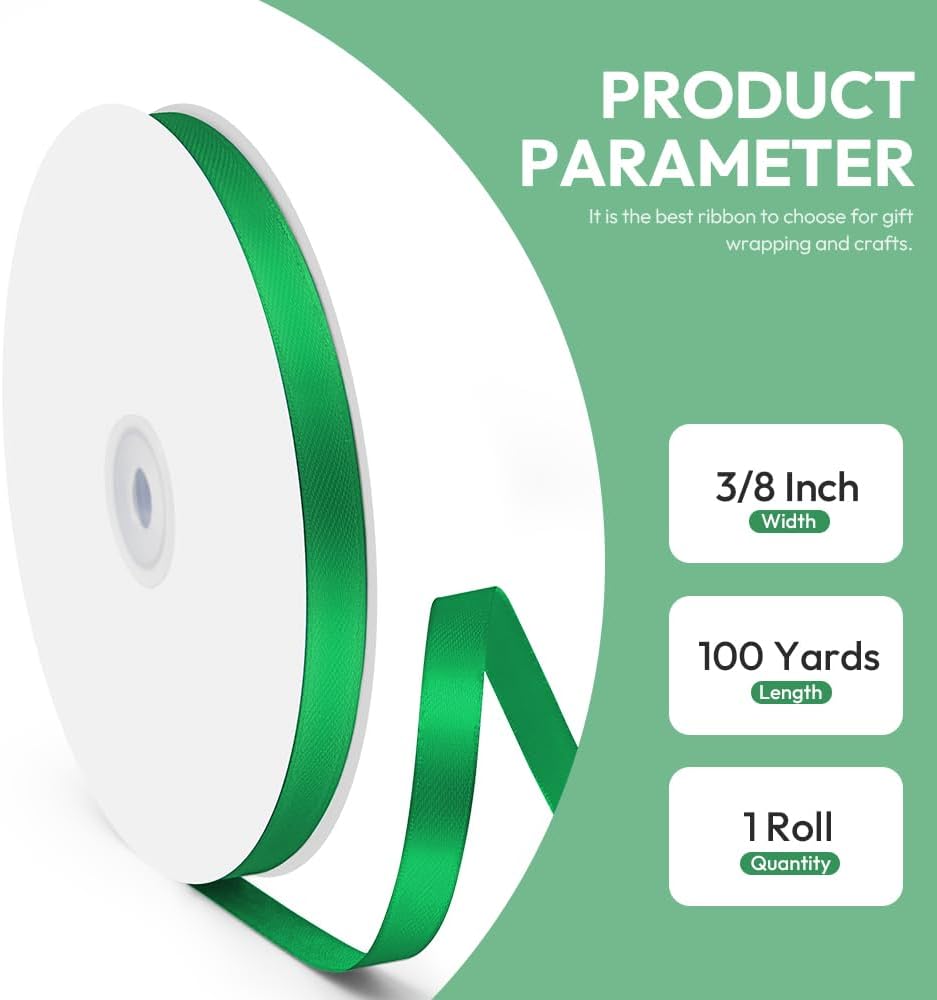 3/8" x 100 Yards Satin Ribbon - Green Silk Ribbon with Spool - Ideal for Gift Wrapping, Floral Bouquets, Crafts, Wedding Party Decorations, Christmas and Sewing Projects