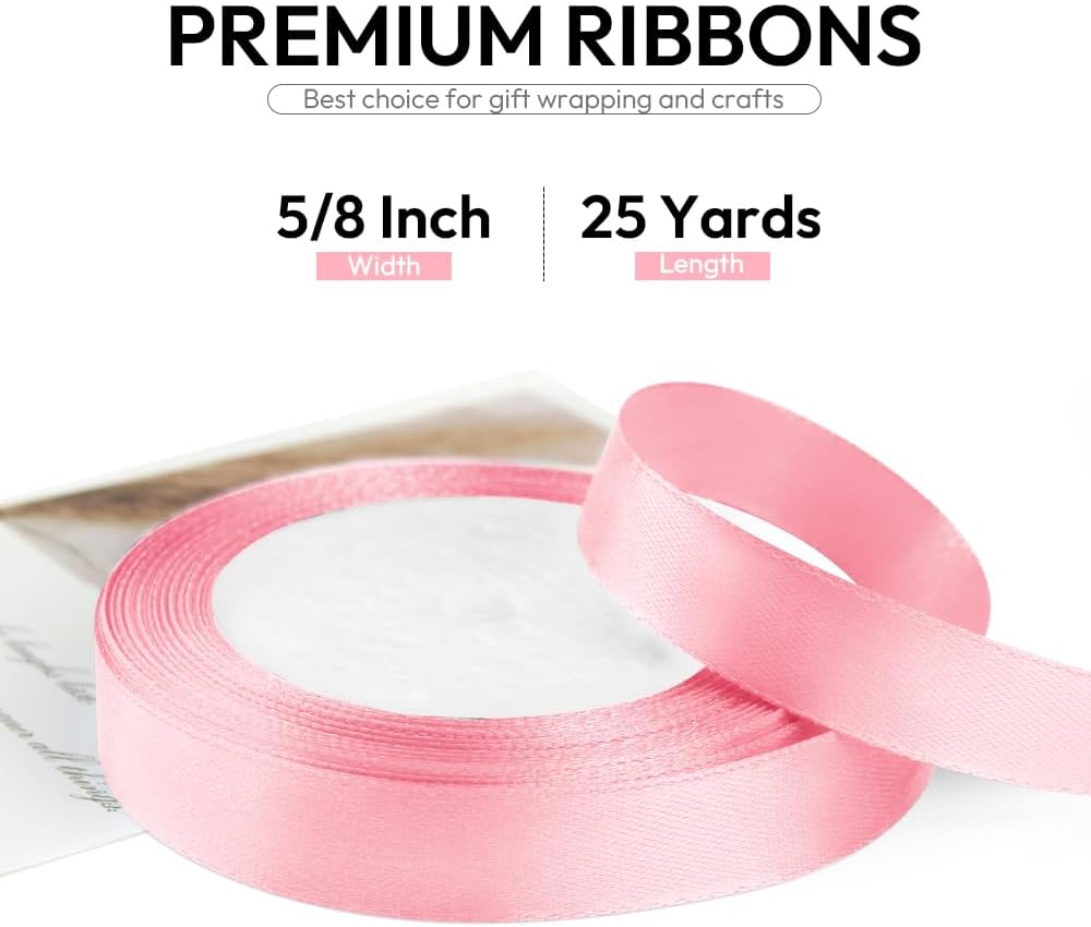 5/8 Inch 25 Yards Satin Ribbon Light Pink, Solid Color Fabric Ribbon for Gift Wrapping, Wedding, Polyester Gift Ribbon for Birthday Party Decoration, Craft, Hair, Floral, Sewing