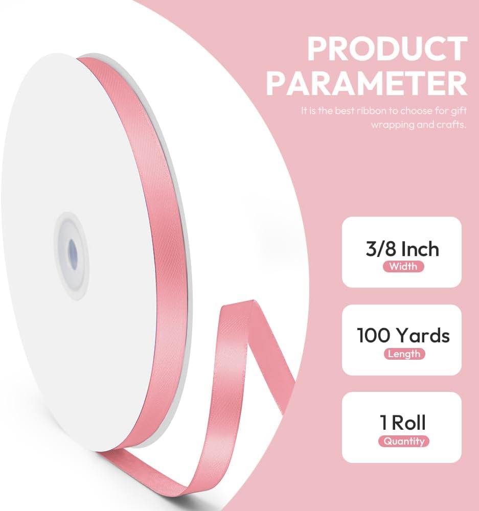 3/8" x 100 Yards Satin Ribbon - Rose Gold Silk Ribbon with Spool - Ideal for Gift Wrapping, Floral Bouquets, Crafts, Wedding Party Decorations, Christmas and Sewing Projects