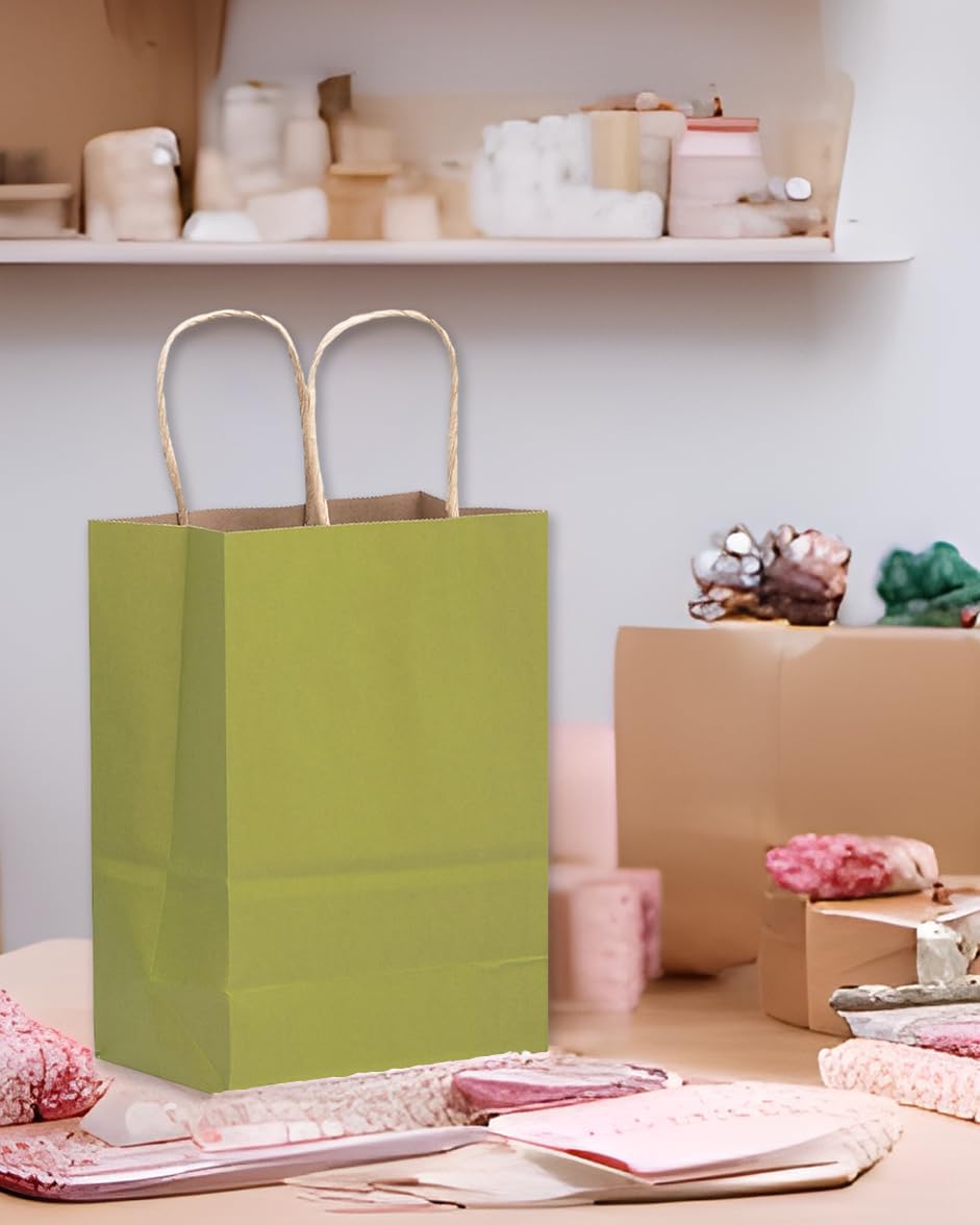 qiqee 32-Packs Forest Green Paper Gift Bags with Handles Bulk 7.6"x4.75"x10.5" Medium Size Gift Bags Multiple Uses