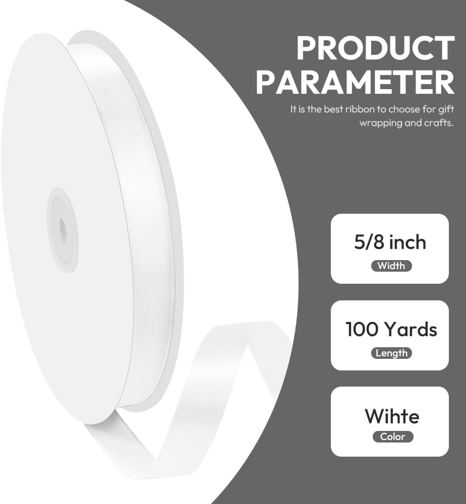5/8" x 100 Yards Satin Ribbon - White Silk Ribbon with Spool - Ideal for Gift Wrapping, Floral Bouquets, Crafts, Wedding Party Decorations, Christmas and Sewing Projects