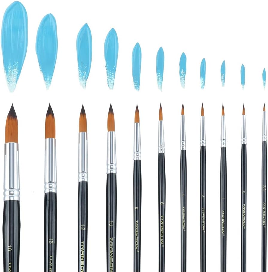 Transon 11pcs Round Paint Brush Basic Set for Watercolor, Acrylic, Gouache, Ink, and Tempera Painting