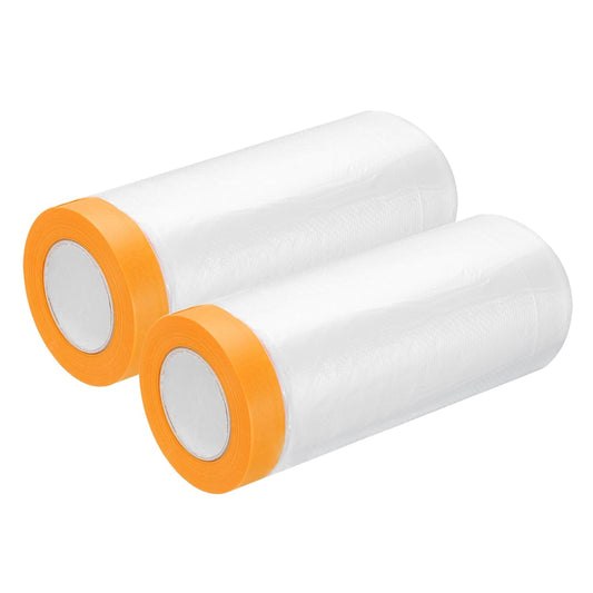 uxcell 2 Rolls Painters Plastic with Tape, 9 x 52 Ft Pre-Taped Masking Film Tape and Plastic Film Paint Plastic Covering Roll for Covering Skirting, Frames and Auto Body, Yellow/Clear