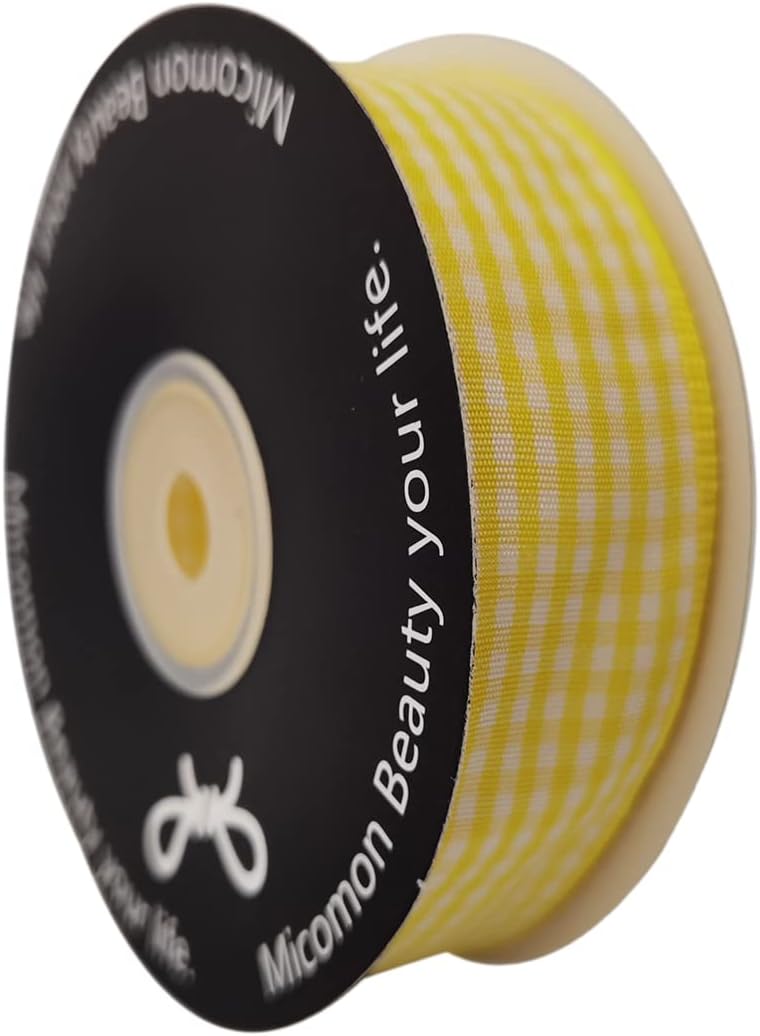 Yellow and White Gingham Ribbon Christmas Ribbon 25 Yards Each Roll 100% Polyester (1", Yellow)