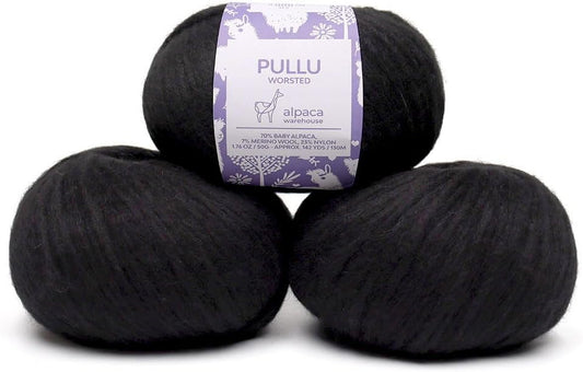 Pullu - Baby Alpaca Merino Wool Yarn Set of 3 Skeins (150 Grams) Worsted Weight - Sourced Directly from Peru - Heavenly Soft and Perfect for Knitting and Crocheting (Black)