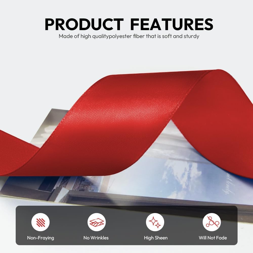 1-1/2 Inch 25 Yards Satin Ribbon Red, Solid Color Fabric Ribbon for Gift Wrapping, Wedding, Polyester Gift Ribbon for Birthday Party Decoration, Craft, Hair, Floral, Sewing