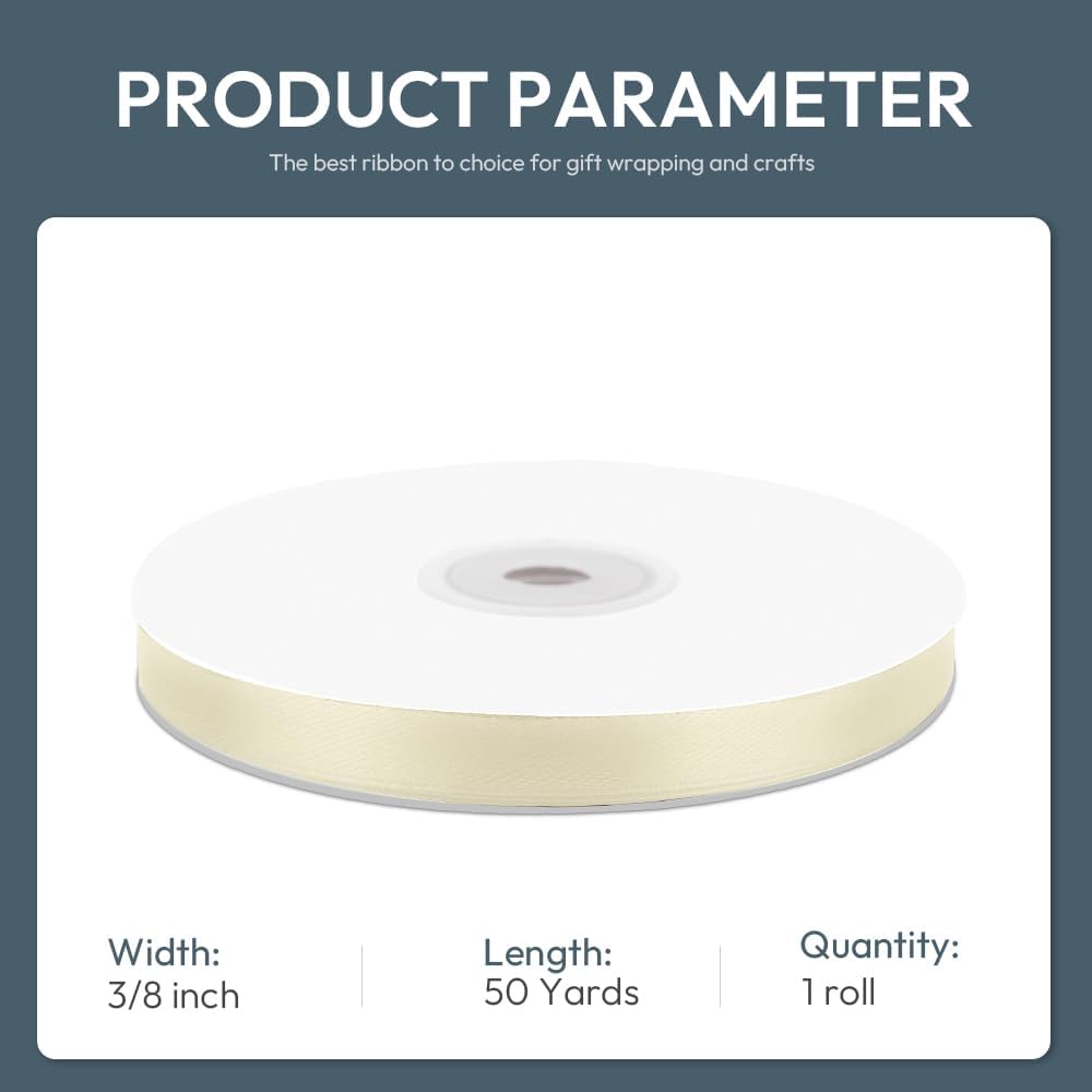 KMER LIFE 3/8/ Wide x 50 Yards Ivory Single Faced Polyester Satin Ribbon, Ivory Satin Ribbon Perfect for Wedding Decor, Wreath, Crafts, Gift Wrapping & Other Projects (Ivory)