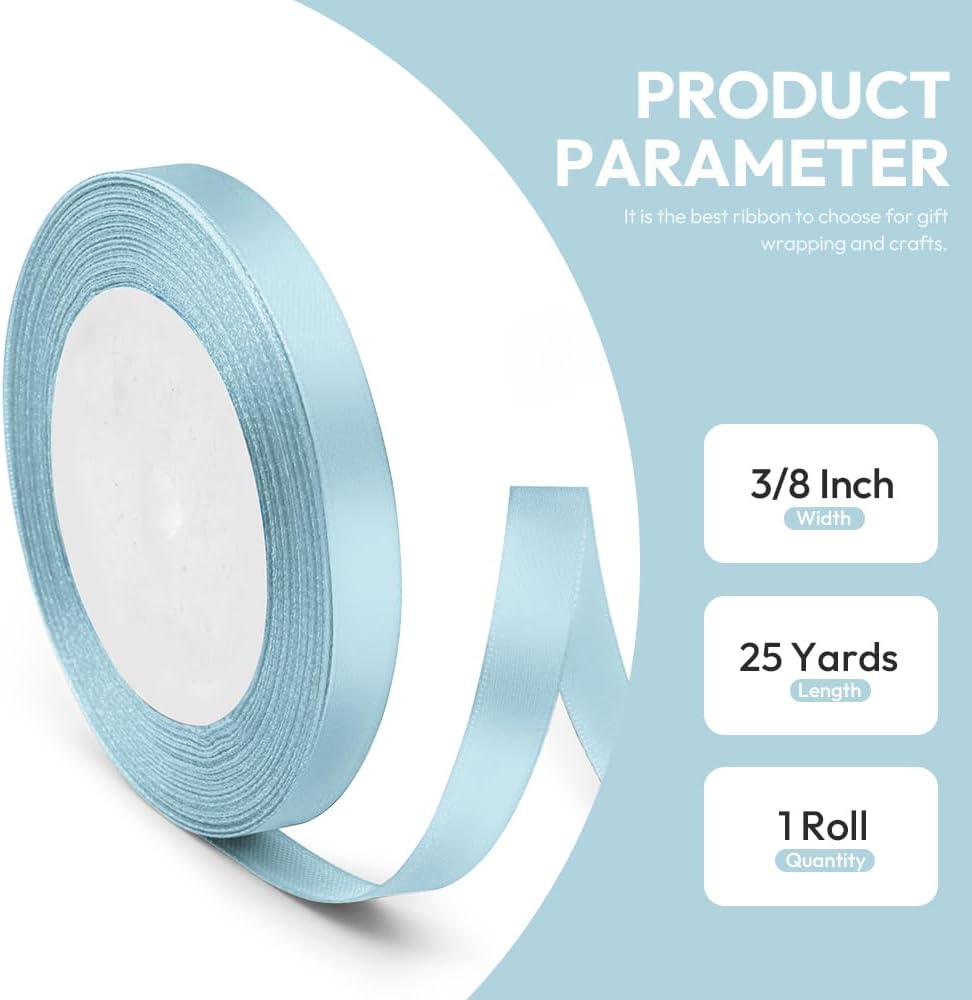 3/8" x 25 Yards Satin Ribbon, Light Blue Silk Ribbon Ideal for Gift Wrapping, Floral Bouquets, Crafts, Wedding Party Decorations, Christmas and Sewing Projects