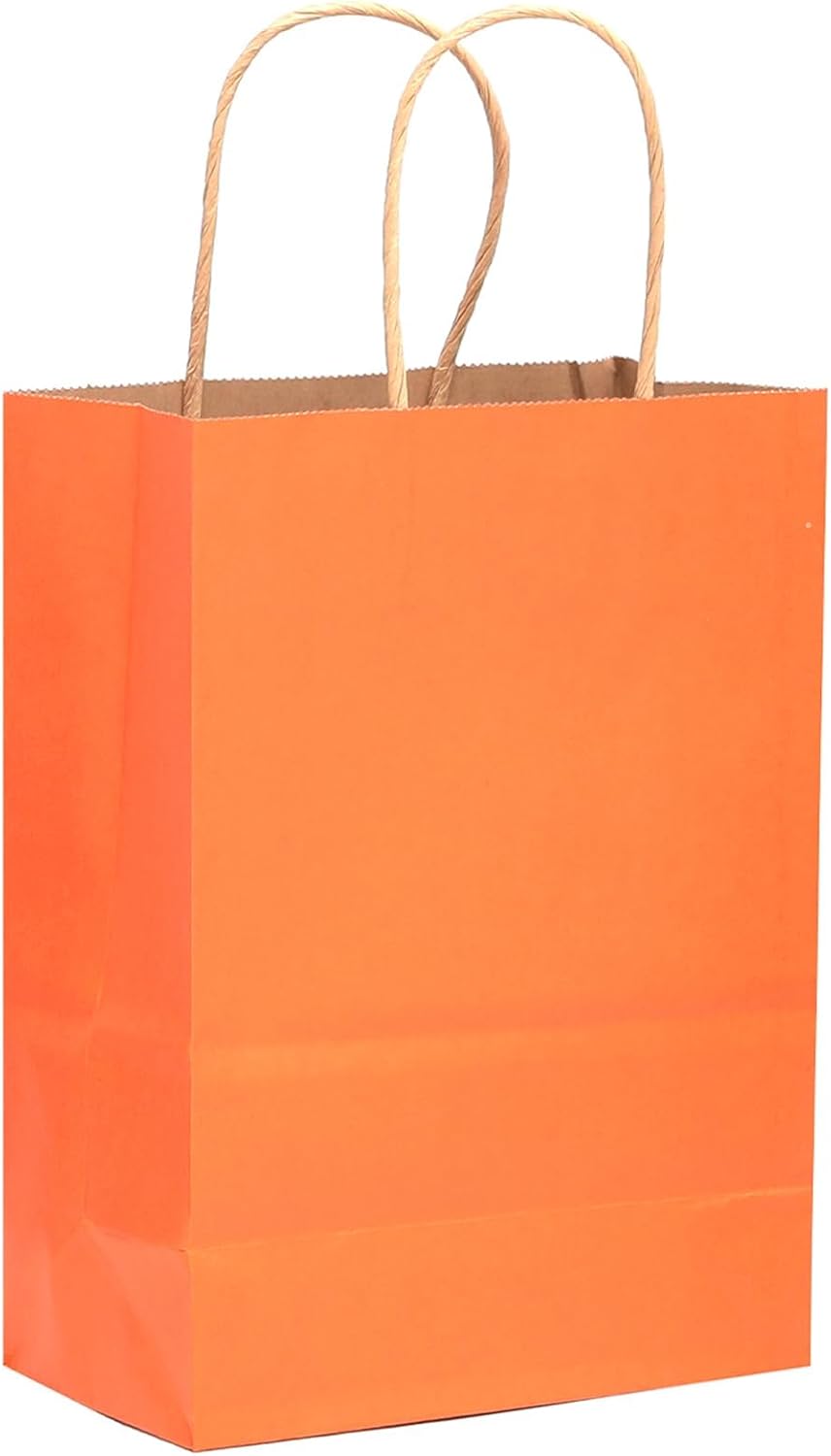 qiqee 60 pcs Kraft Bags with Handles 7.6"x4.75"x10.5" Medium Gift Paper Bag Orange Solid Color Bags