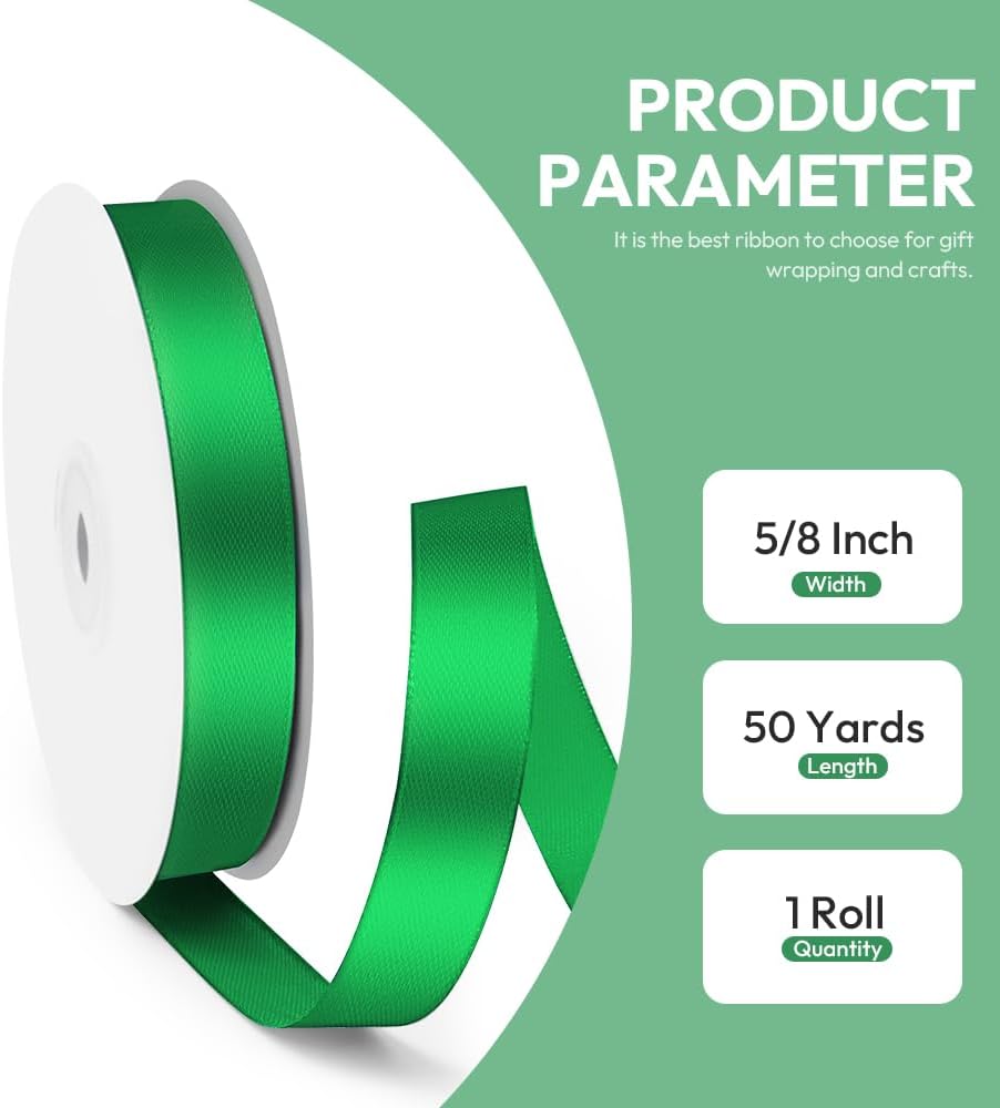 5/8" x 50 Yards Satin Ribbon - Green Silk Ribbon with Spool - Ideal for Gift Wrapping, Floral Bouquets, Crafts, Wedding Party Decorations, Christmas and Sewing Projects