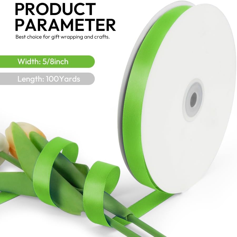 5/8 Inch 100 Yards Satin Ribbon Apple Green, Solid Color Fabric Ribbon for Gift Wrapping, Wedding, Polyester Gift Ribbon for Birthday Party Decoration, Craft, Hair, Floral, Sewing