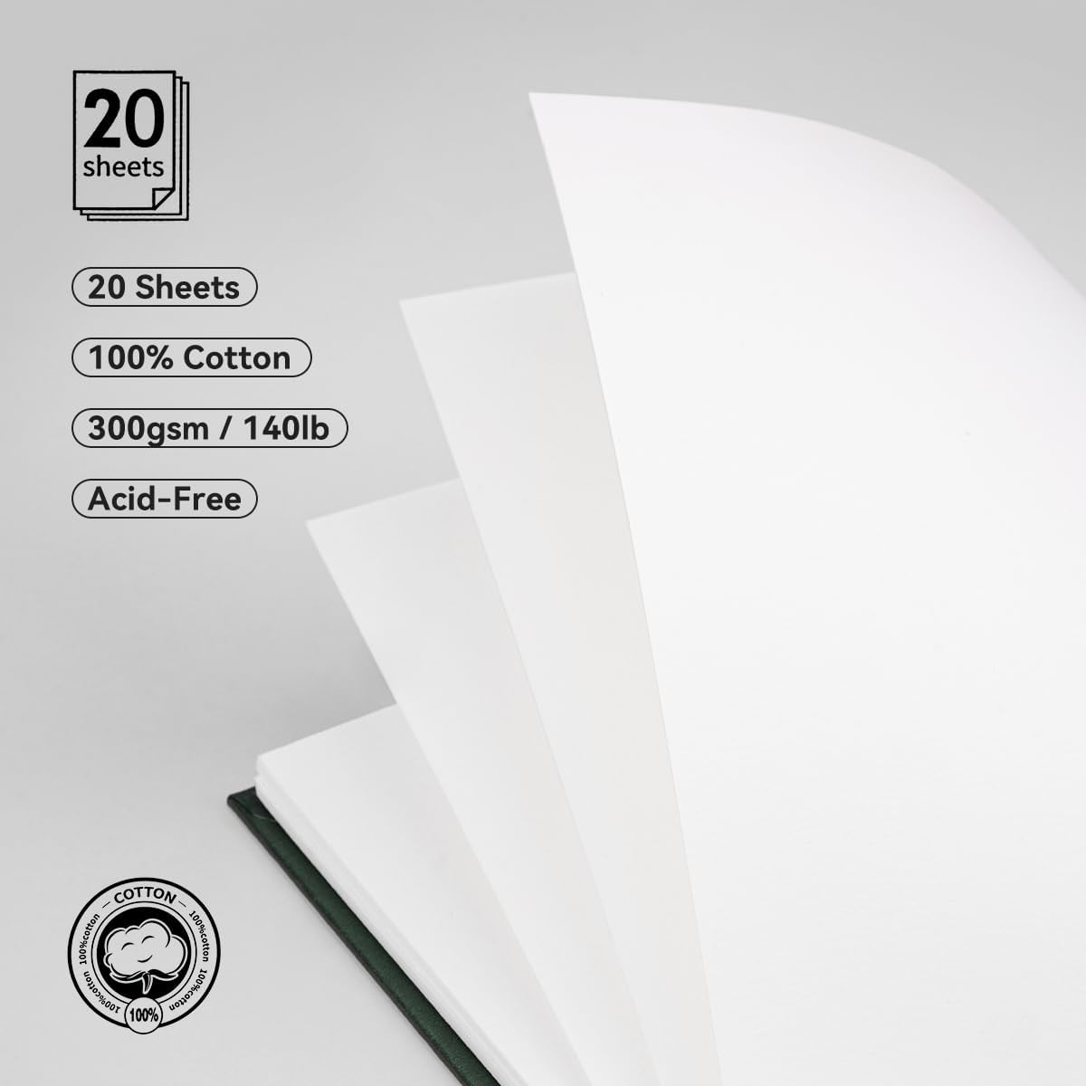 Lightwish Square Watercolor Journal,100% Cotton,300gsm/140lb,Acid-Free,20 Sheets Hot Press Watecolor Paper Sketchbook for Artists Adults Students,7.68 * 7.68 Inches(Dark Green)
