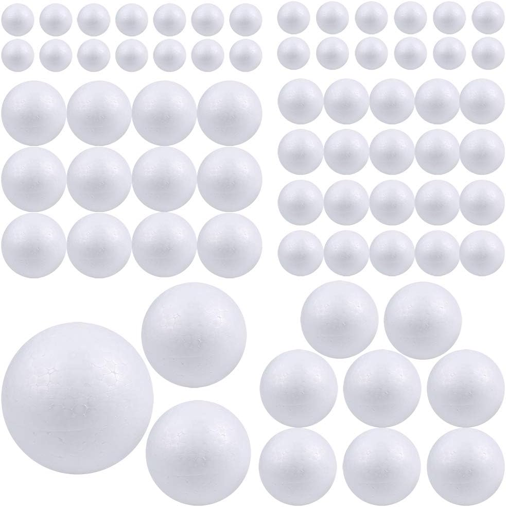 Pllieay 88 White Foam Balls - 6 Sizes, Polystyrene Craft Balls for DIY Art, Household and School Projects