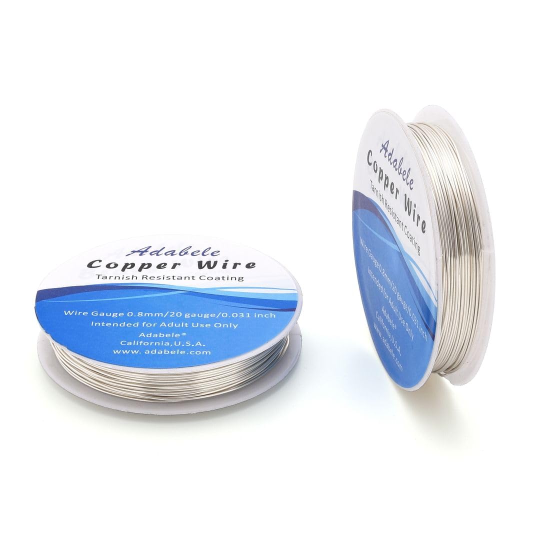Adabele 65 Feet Premium Tarnish Resistant Round Jewelry Wire Copper Beading Wire Spool Bulk (0.8mm/20 Gauge) Sterling Silver Plated for DIY Craft Jewelry Making BF285-8