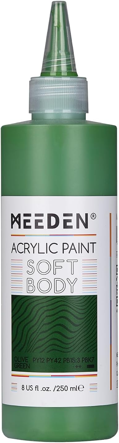 MEEDEN Olive Green Acrylic Paint: Matte Finish 250ml/8.45oz Soft Body Bulk Acrylic Colors in Ergonomic Bottle - Fluid Flow Art Paints for Artists Canvas Painting